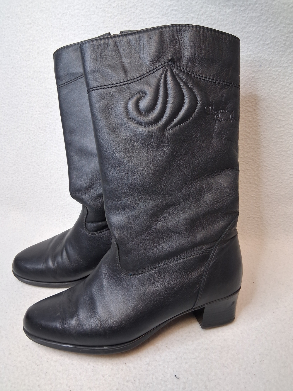 Vintage 1970's Christain Franchet Black Leather Mid-Calf Heeled Boots